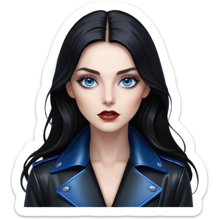 A portrait of a woman with deep blue eyes, long dark hair, and high-fashion makeup. She’s dressed in a glossy, black leather coat, with a captivating, almost hypnotic expression, against a dimly lit, foggy background that adds to the mystery sticker