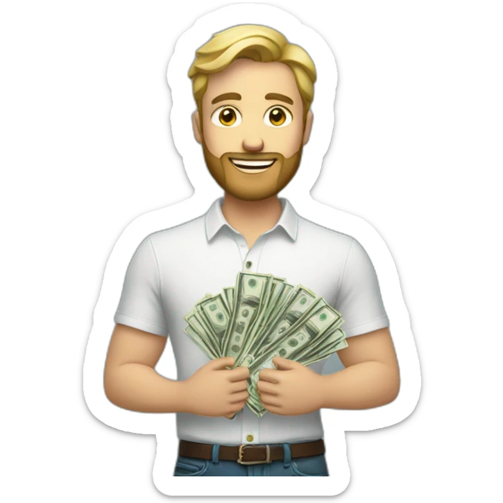 white male with small beard holding stacks of money smart casual shirt sticker