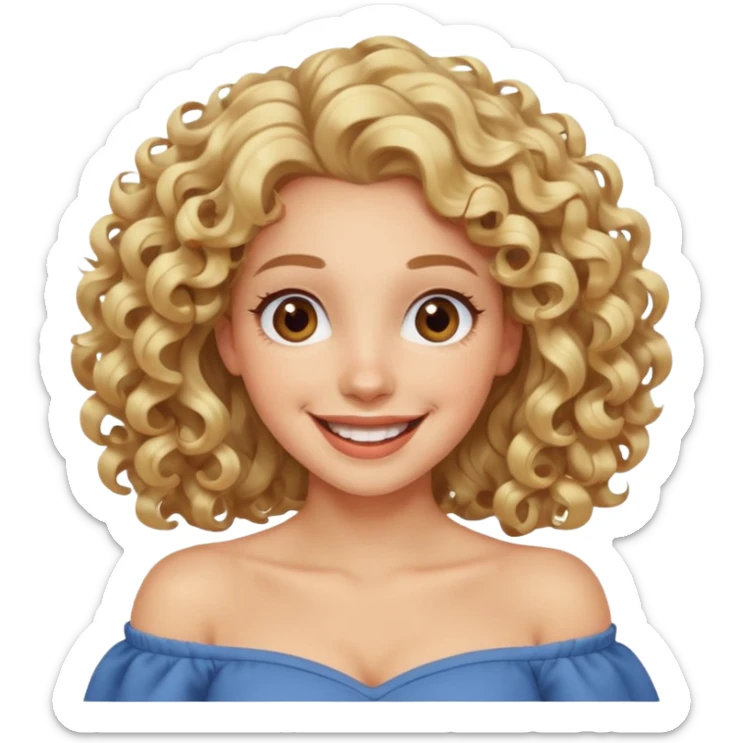 happy excited woman with curly long blond hair, brown eyes, wearing an off-shoulder top,  sticker