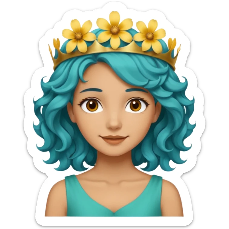 A woman with wavy teal-blue hair styled in loose curls. Her hair is adorned with large golden-yellow flower petals that resemble a crown. She has soft brown eyes, smooth skin, and a small friendly smile on her face. sticker