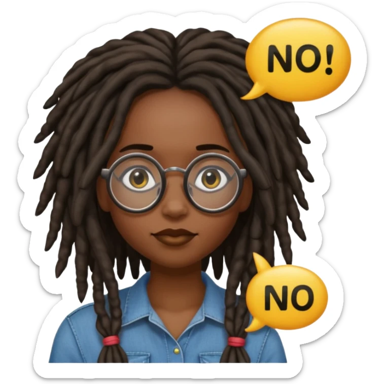 darker skin female with dark dreadlock hair wearing large round glasses with a word bubble that says no sticker