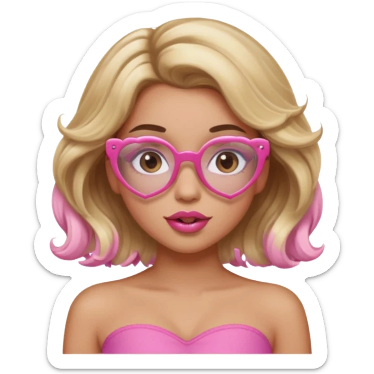 girl with light tan skin, wavy 2B hair in brown and blonde, wearing a pink tube top, long eyelashes, heart-shaped lips, clear pink glasses sticker
