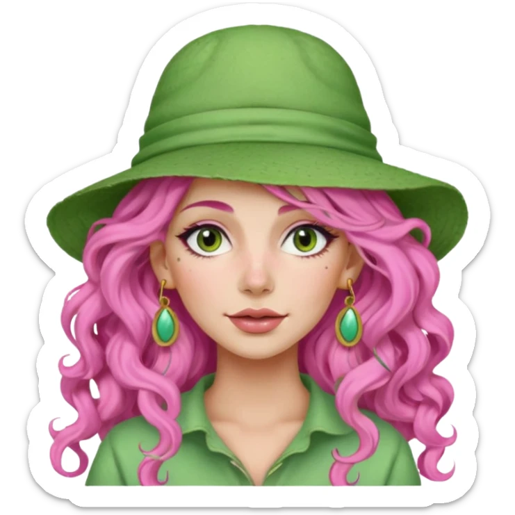 pink haired very long curly haired woman with full full face light green clay mask  and big earrings and hat sticker