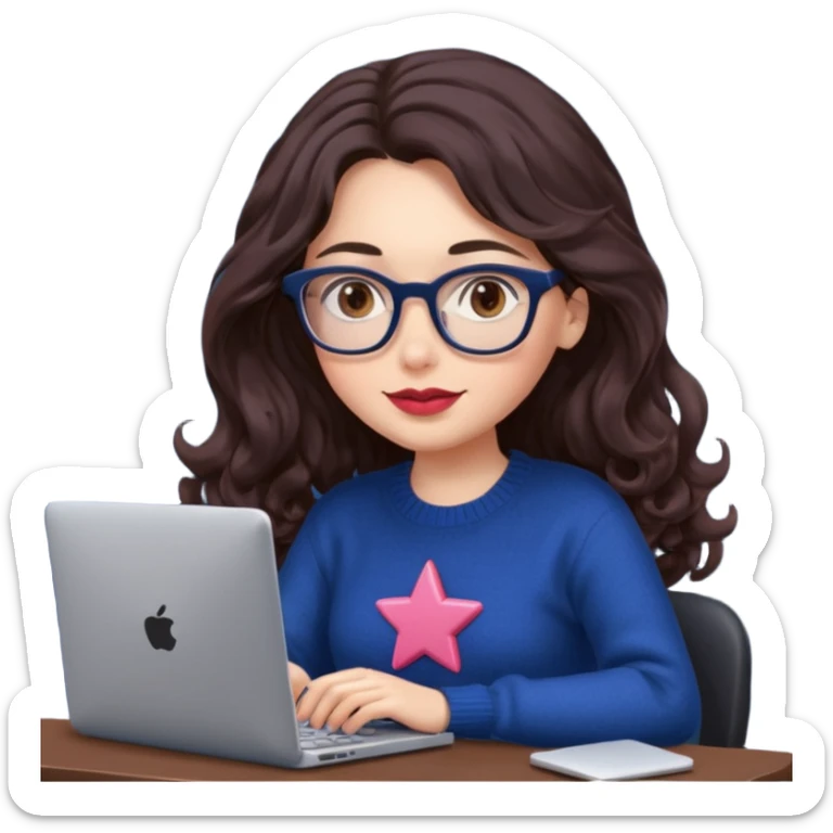 a white young woman with very long wavy dark brown/chocolate hair typing in a computer. she's using glasses, her lips are light red and her cheeks slightly pink. Her eyes are dark brown. She's using a dark blue knit sweater that has a tiny star in the middle   sticker