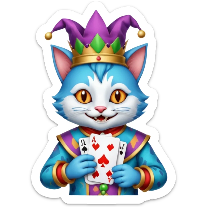 crazy colorful cute little cat jolly joker from poker, medieval, vintage, court jester, mac os icon, blue color, holds poker cards (clearly detailed and precise) sticker
