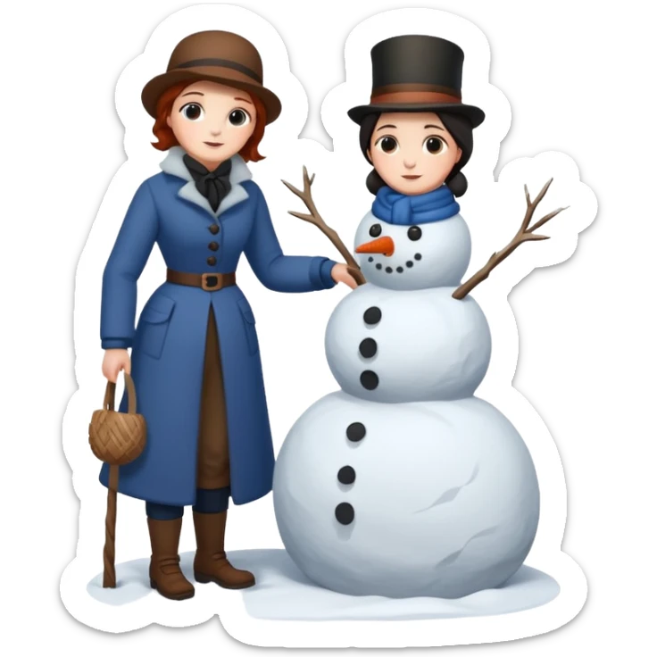  young Virginia Poe and  eldely Maria Clemm  full body building a snowman  1800's sticker