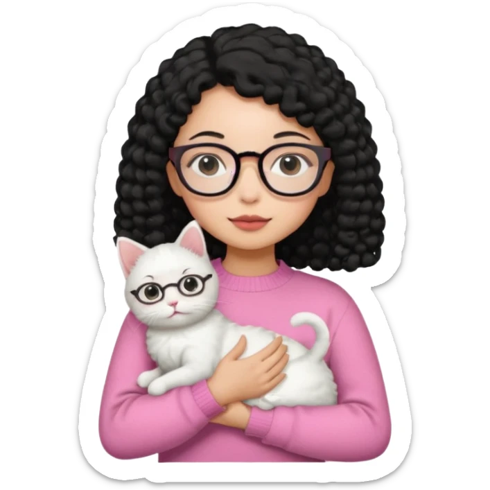 a girl with a black perm hair, wearing a pink sweater and glasses, holding a cute white cat, only upper body sticker