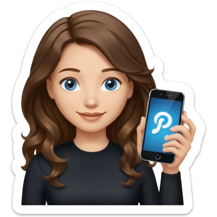 generate a pretty woman with blue eyes, light skin and long and really wavy shiny medium brown hair holding a phone while looking down at the screen. she is wearing an ALL black long sleeve. she is smiling sticker