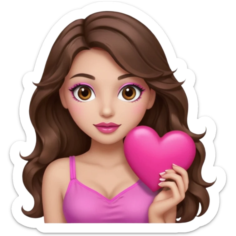 girl with long wavy brown hair, brown eyes, long lashes makeup, sexy pink lips, light to medium complexion, wearing a pink sexy top, holding a big heart sticker