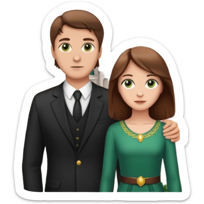 A handsome white man with brown hair and brown eyes standing in front of an empire with a beautiful white girl with brown hair and green eyes  sticker