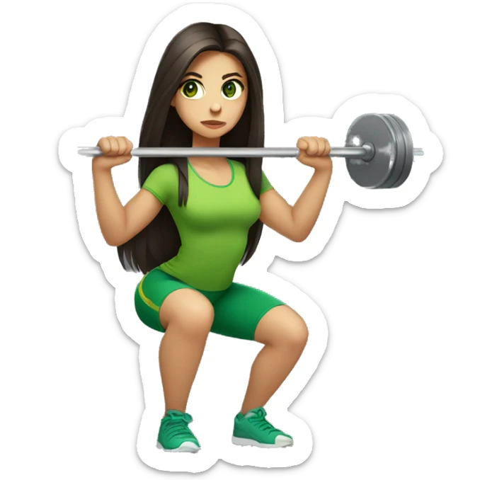 girl with long dark brown hair and green eyes squatting with a barbell sticker