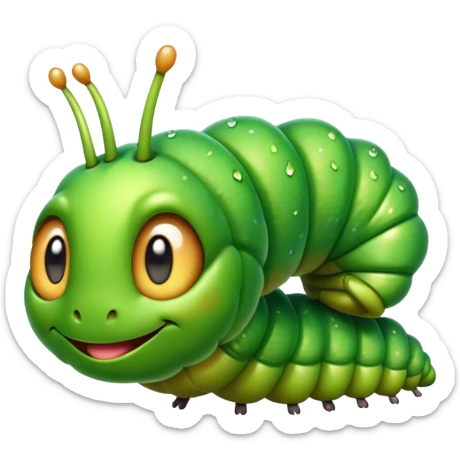 Cinematic Realistic Cute Caterpillar Portrait Emoji, Head tilted playfully and inquisitively, featuring a compact, segmented body in bright, vibrant green with delicate, inviting textures and a charming, rounded face with sparkling eyes full of curiosity, rendered with lifelike detail and natural highlights, high shine, affectionate and spirited, styled with a touch of garden whimsy, soft glowing outline, capturing the essence of a mischievous yet lovable caterpillar that seems poised to crawl cheerfully into your arms! sticker