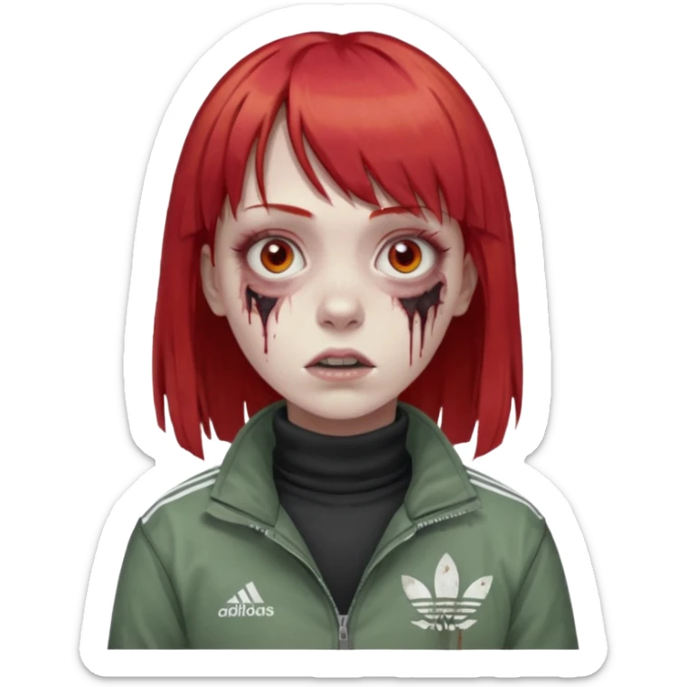 Crie um emoji de uma menina com o cabelo vermelho com uma franja reta zumbi casaco de gola alta da adidas sticker
