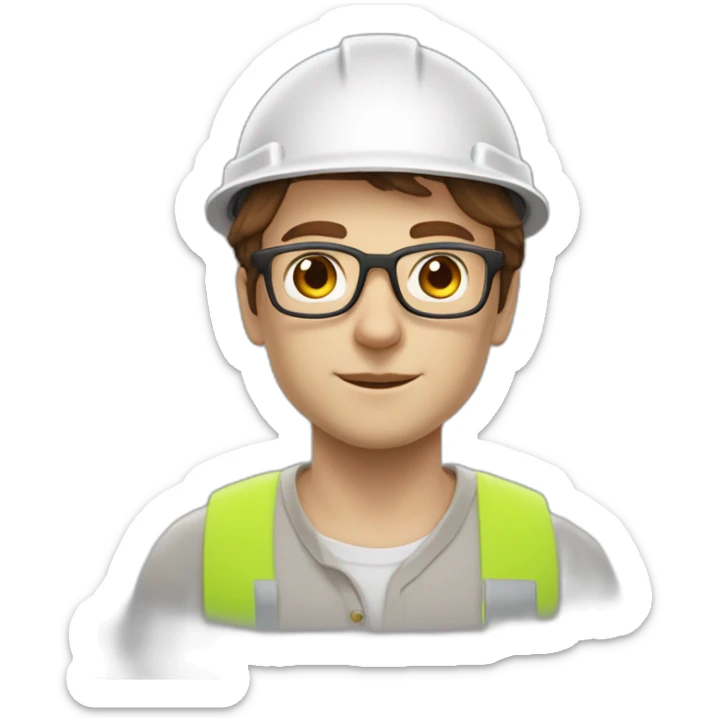 Engineer, white hard hat, light fair skin tone, Brown Hair , glasses, square fae sticker