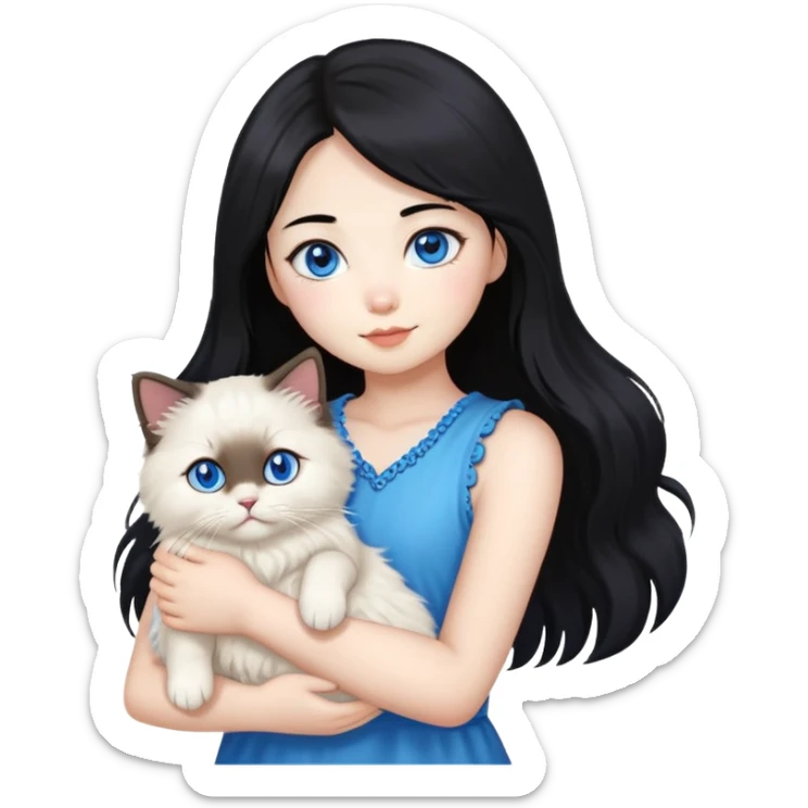 Asian girl with black hair holding a fluffy ragdoll cat with blue eyes and colorpoint fur sticker