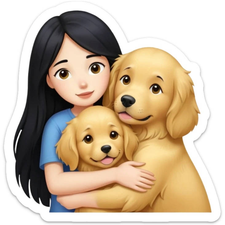 A girl with long black  hair tightly hugged a Golden Retriever sticker