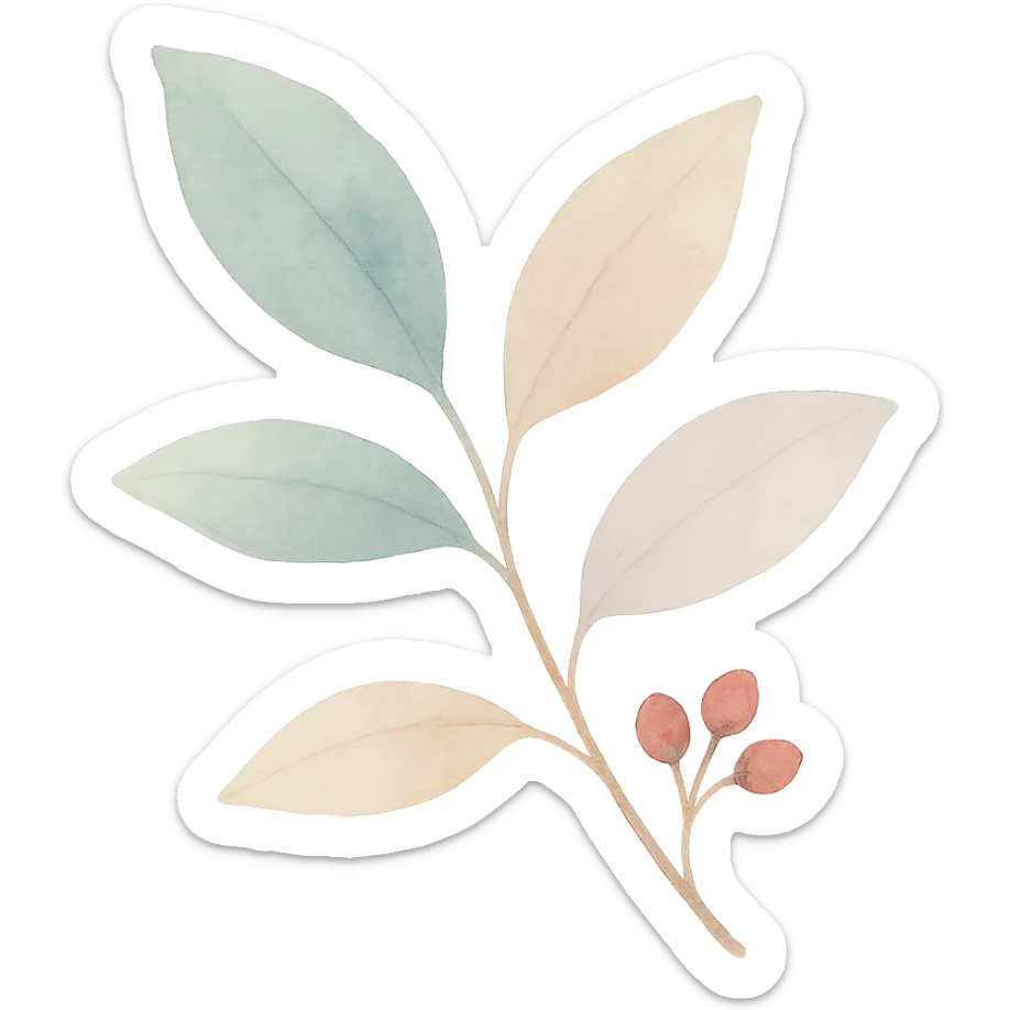 illustration of Kinkéliba leaves and seeds, watercolor style, calming atmosphere, no text sticker