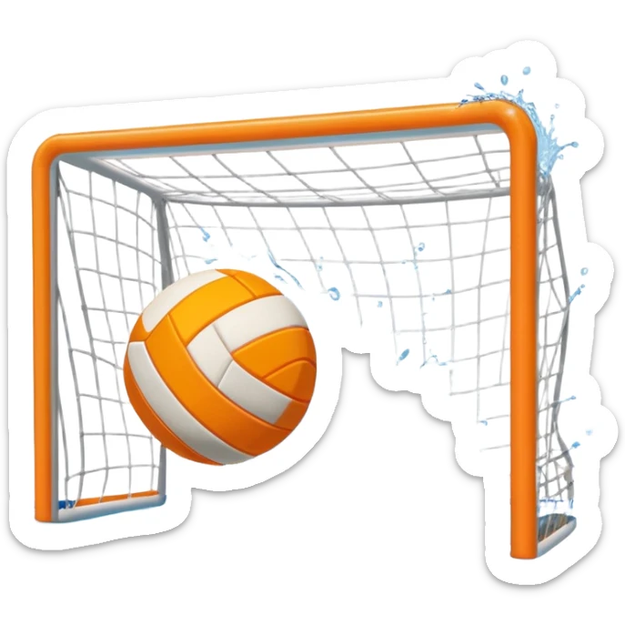 An icon showing a water polo ball floating on the surface of a pool, with a goal frame in the background, and water splashing around. The design captures the intensity of the game with visible ripples on the water. Transparent background highlights the excitement of water polo. sticker