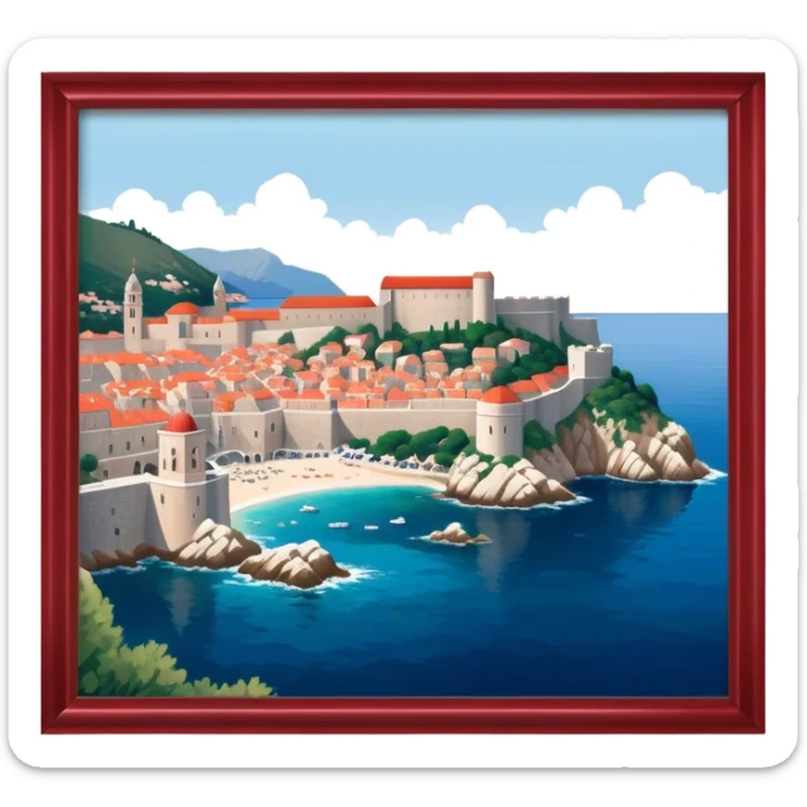 Cinematic Realistic aerial view of the historic city of Dubrovnik, showcasing its iconic red-roofed architecture, fortified walls, and sparkling Adriatic coastline, rendered with rich textures and warm Mediterranean lighting that captures its old-world charm. sticker