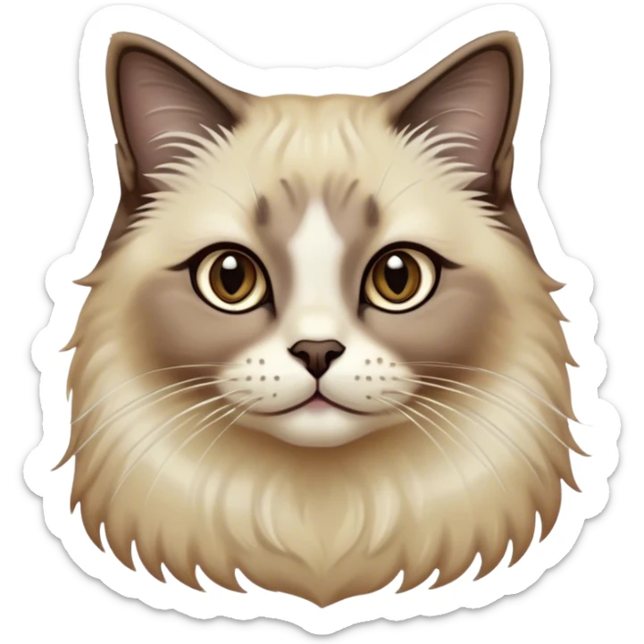 Cinematic Adorable Fluffy Brown Seal Ragdoll Cat Portrait Emoji, Head tilted elegantly with big, sparkling eyes, soft brown fur with darker seal points on the ears, face, and paws, Simplified yet regal features, highly detailed, glowing with a soft, warm glow, high shine, affectionate and playful, stylized with a touch of grace, bright and endearing, soft glowing outline, capturing the essence of a majestic and loving kitty, so elegant it feels like it could spring into motion with a regal leap! sticker