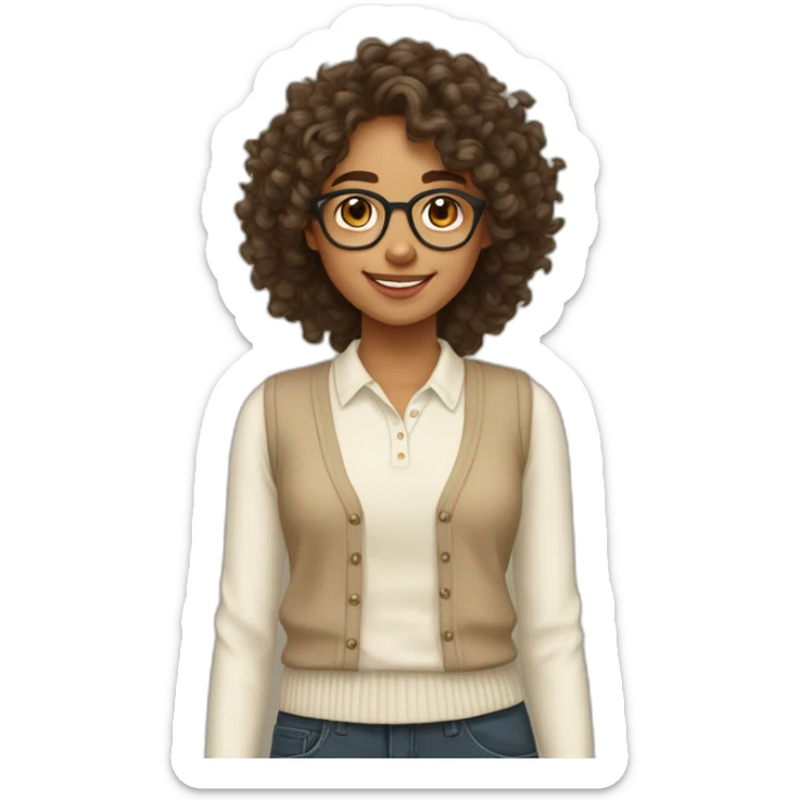 smiling indian teenage girl with curly hair and glasses wearing a collared long sleeve white shirt under a beige v shaped collar sweatervest sticker