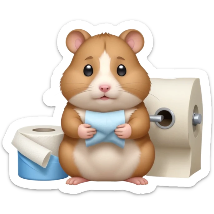 Cute chubby cartoon-style hamster sitting on toilet pooping holding toilet paper looking as if he had an accident, sticker-style illustration sticker