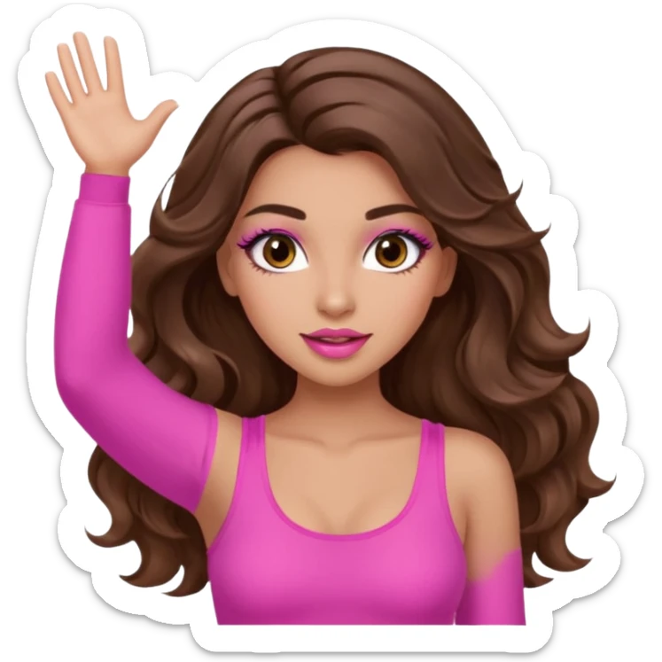 girl with long wavy brown hair, brown eyes, long lashes makeup, sexy pink lips, light to medium complexion, wearing a pink sexy top, both hands in teh air sticker