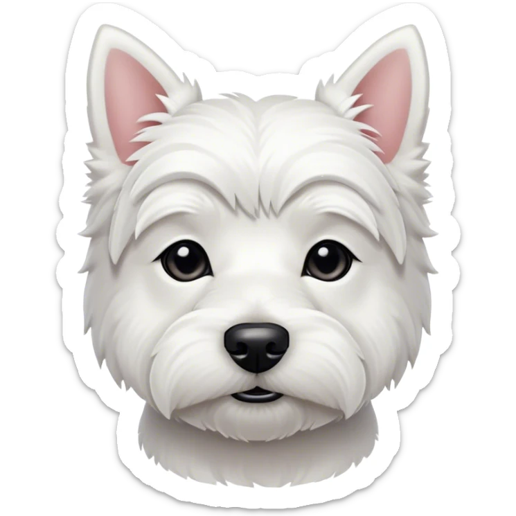 Cinematic Noble West Highland White Terrier Portrait Emoji, Poised and regal, with a compact, sturdy build and a pristine, well-groomed pure white coat, deep-set soulful dark eyes, Simplified yet sharp and sophisticated features, highly detailed, glowing with a soft, dignified glow, high shine, intelligent and loyal, stylized with an air of confidence, focused and attentive, soft glowing outline, capturing the essence of a watchful and determined companion, so majestic it feels as though it could trot out of the screen with effortless authority! sticker