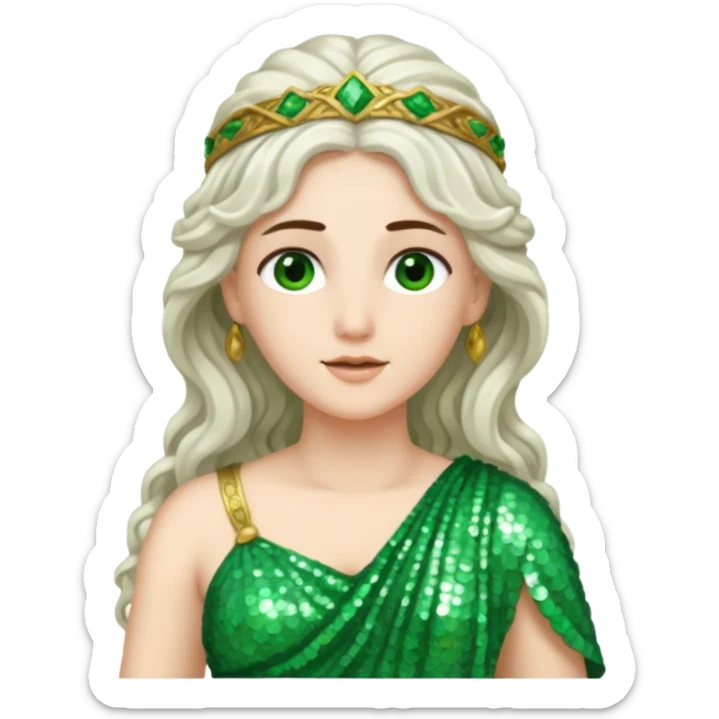 Juno, Goddess of Marriage from Roman Deities with long white brunette wavy hair, green sequin toga sticker