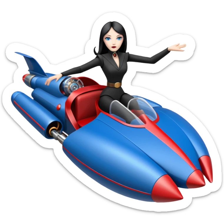 Ultra Jetson’s Jedi teen Morticia Addams flying a red and blue Zephyr-J Jumpspeeder anti-gravity repulsorlift powered by an imperial speeder steampunk hypercar  sticker