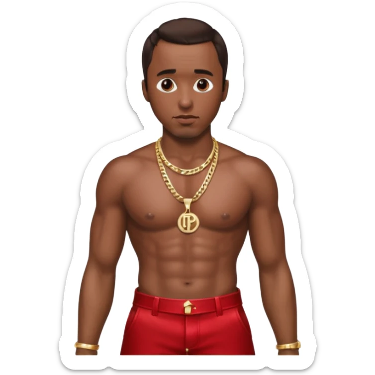 P Diddy with dark brown hair, metallic red pants, shirtless with necklace sticker