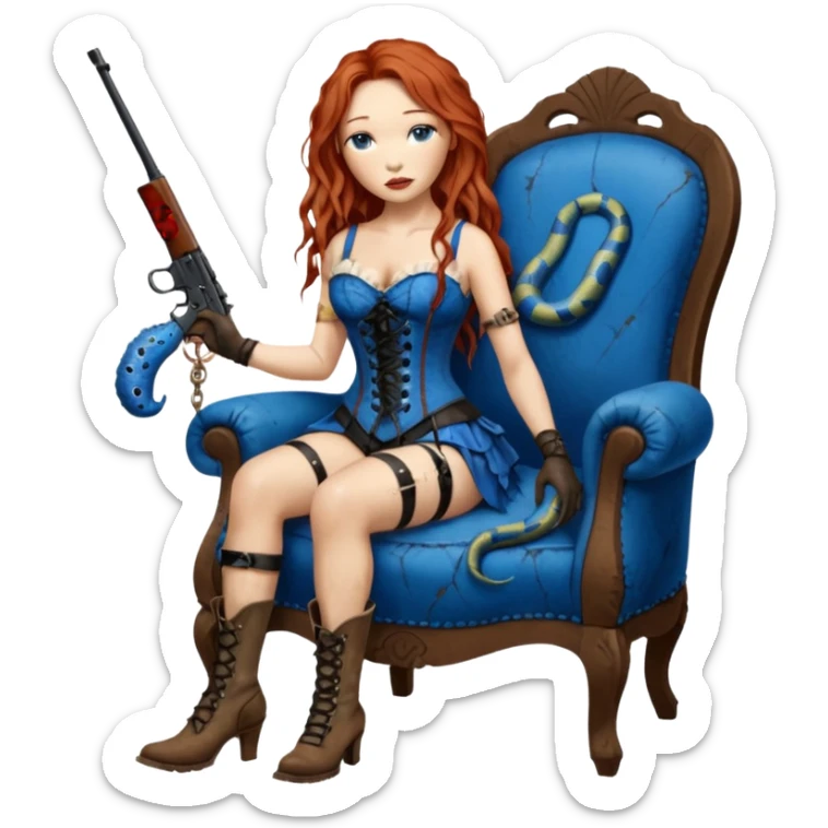 realistic cinematic Tori Amos sits on a rocking chair in a torn corset, holding an antique rifle and her bare feet are muddy. A blue snake is wrapped around the chair. sticker