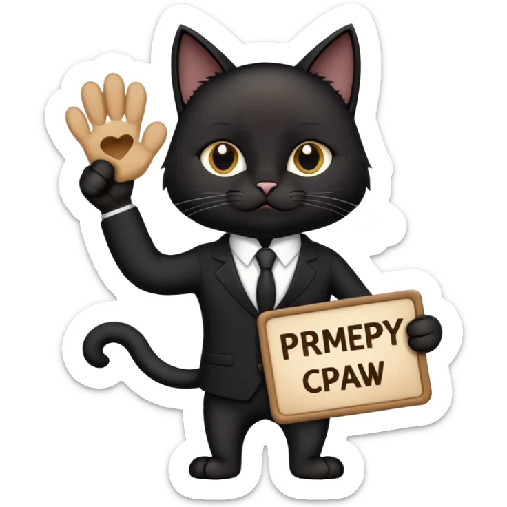 A black cat in a black business suit holds a sign with the inscription "PrimeCopy" in one paw sticker