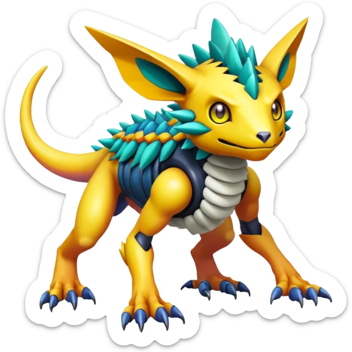  colorful warm-colored hot lush exotic modern cyber-Fakémon-Digimon-Trico-Vernid-creature (full body) sticker