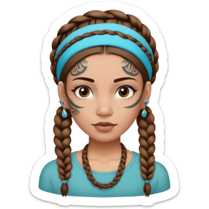 big lose braids starting from the top of the head woman face wiith big visible braids and mono color headband on head  face and braids as big as headband and lots and lots of face tattoos colored tattoos like a tattoo artist hair different color sticker