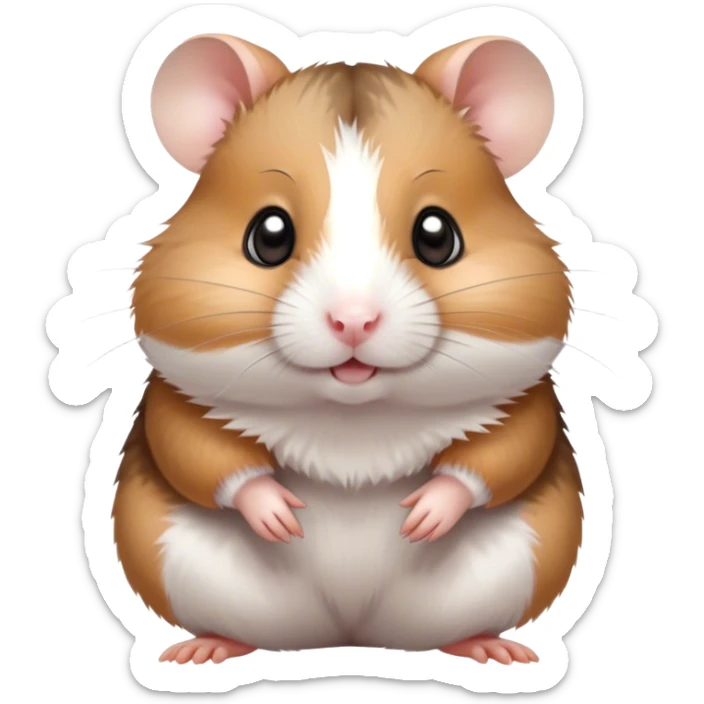 Cinematic Cute Brown and White Banded Hamster Portrait Emoji, Head tilted playfully and inquisitively, showcasing a fluffy fur with playful brown and white banded patterns, round, sparkling dark eyes filled with curiosity, Simplified yet irresistibly adorable features, highly detailed, glowing with a warm, friendly glow, high shine, affectionate and lively, stylized with a touch of whimsy, bright and endearing, soft glowing outline, capturing the essence of a mischievous yet loving hamster, so playful it feels like it could dash out of the screen and into your arms! sticker