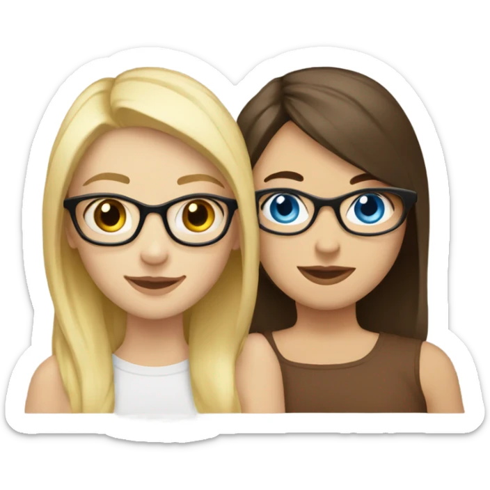 Blonde girl with blue eyes and glasses hugging brunette girl with brown eyes and no glasses both white sticker