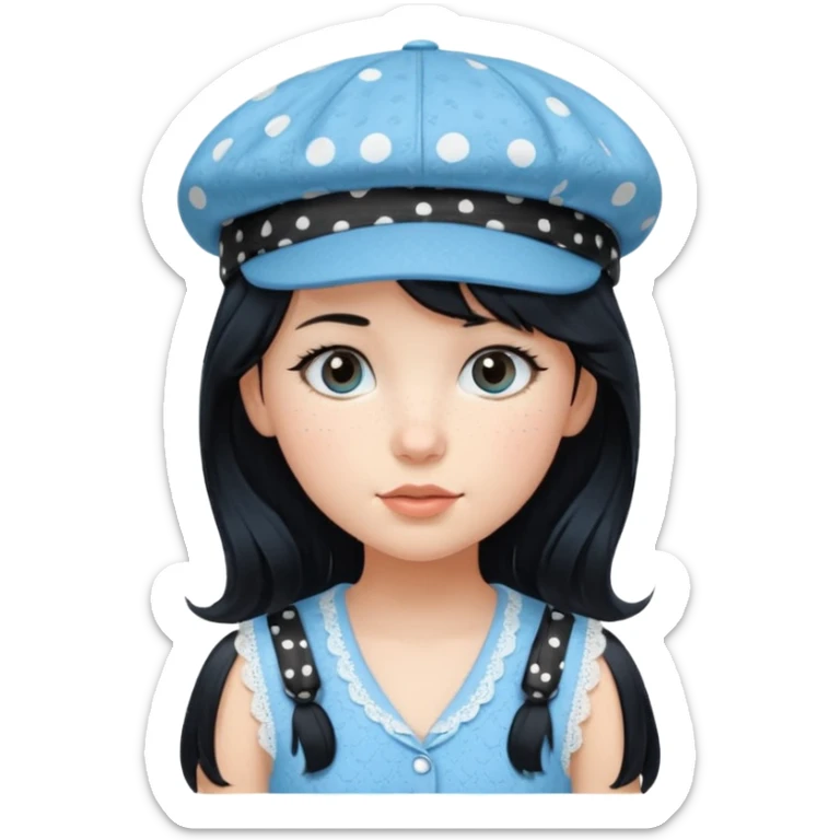 pinterst girl with heavy bang, black long hair and black pica dot newsboy cap on her hat, wearing baby blue color lace sleeveless  sticker