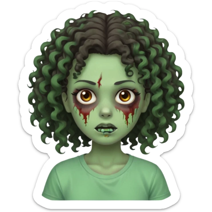 zombie girl with curly hair n brown eyes, dark and long hair 3a with wavy scalp, just a tshirt sticker