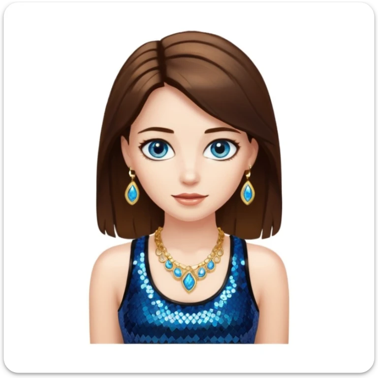 A woman with smooth brown hair with white skin and blue eyes, she has a black sequined tank top and golden jewelry sticker