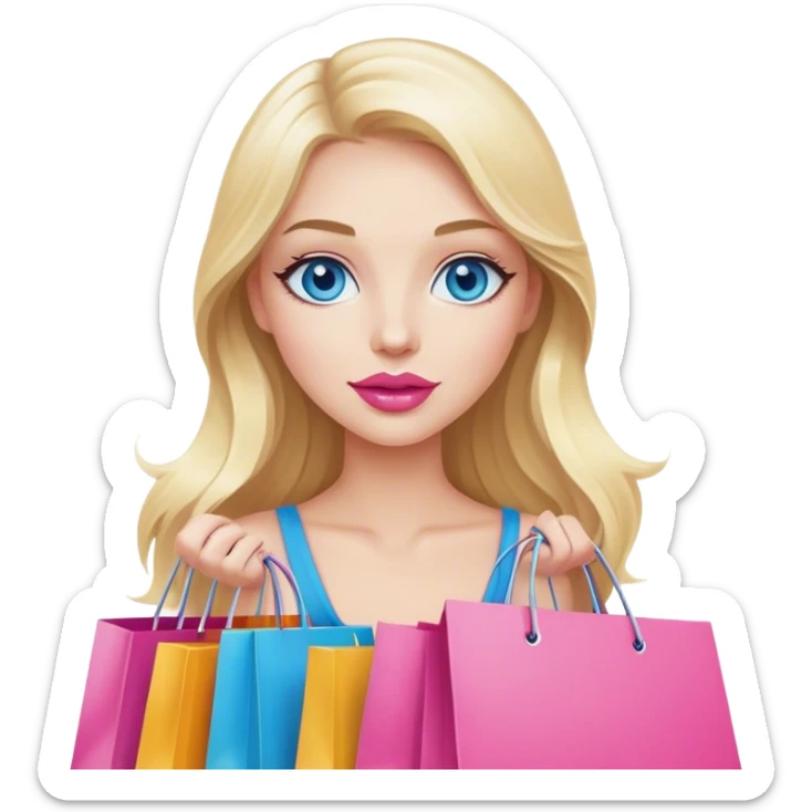 Cinematic realistic blonde with long hair, blue eyes and pink lips holds shopping bags in her hands sticker