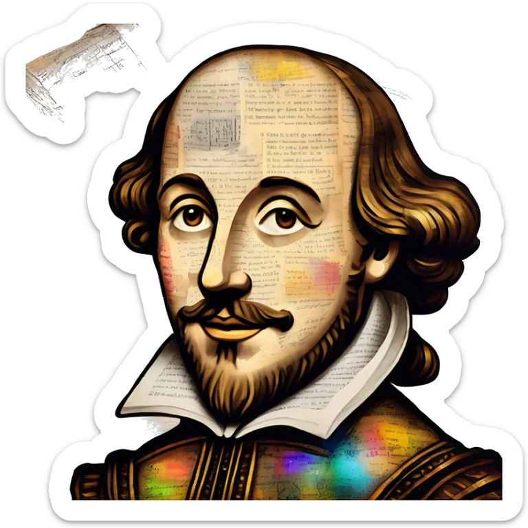 Shakespeare made of newspaper cuttings wearing flowers, stained glass, fairy lights, bokeh, annotated sketch, handwritten letters, collage of intricate patterns, lantern, bokeh, blur sticker