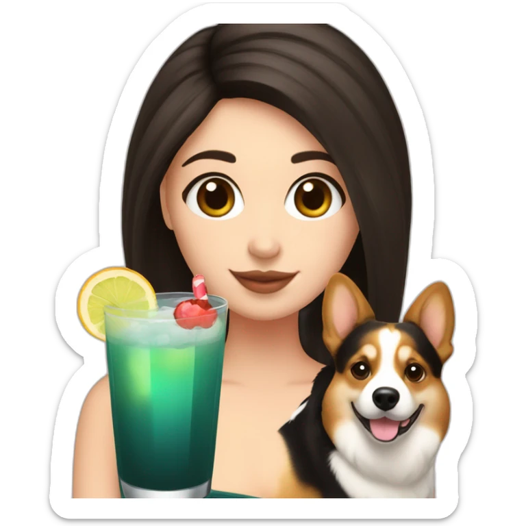 a white girl with dark hair holding a corgi and a cocktail sticker