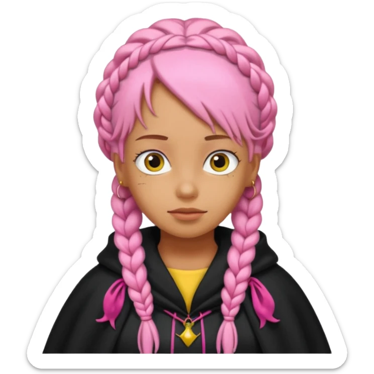 pink braids hair kid girl, wear black cloak, simpson style sticker