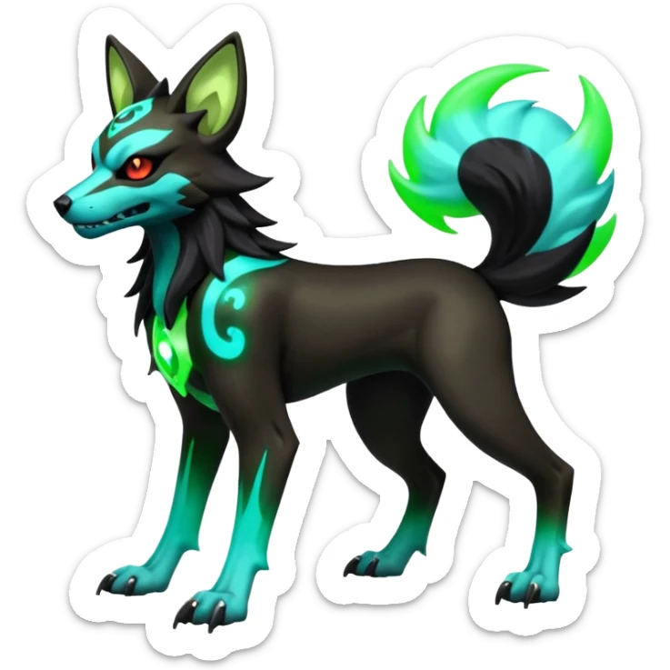 Hyper realistic demonic skeletal black and neon green futuristic shiny colorful bioluminescent cyber-Poochyena-Lycanroc-Zorua-Litten-Houndoom-Fakémon-Pokémon-Digimon-hybrid-fusion (full body) with a skull face sticker