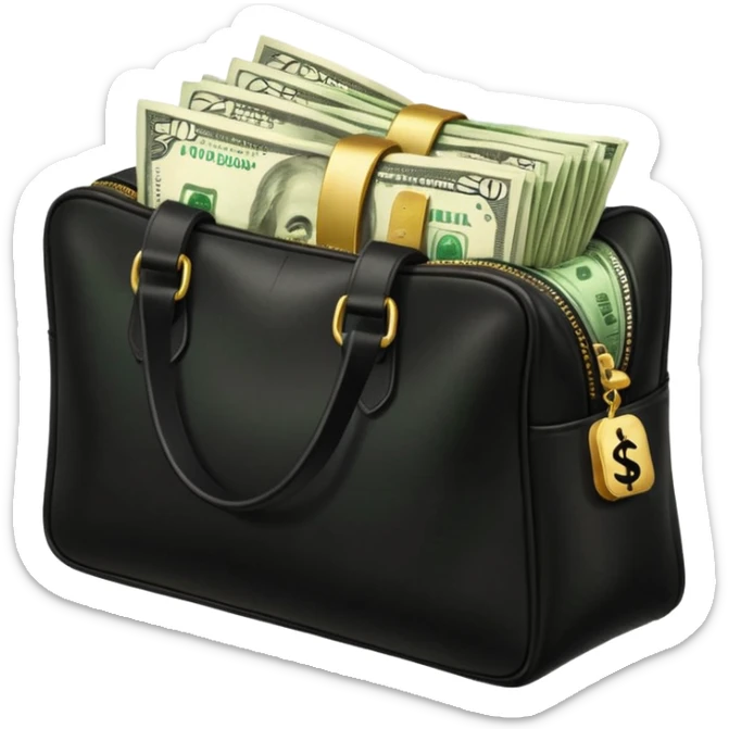 Create a black leather bag with a stack of cash a lot of money in authentic Apple emoji style. sticker