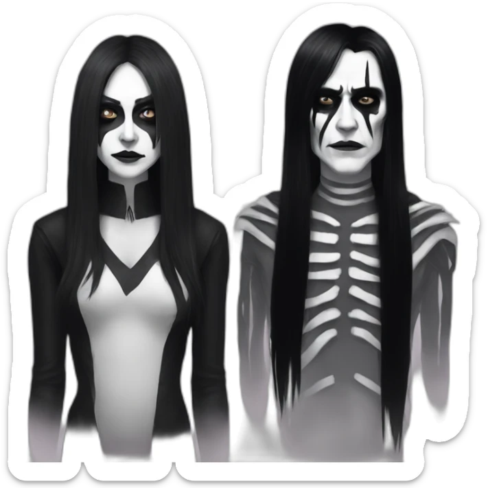 a man with long black hair and a woman with long black hair and bangs both wearing corpse paint sticker