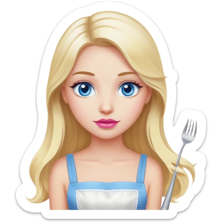 Cinematic realistic beautiful blonde with long hair, blue eyes and pink lips in a white dress cooks sticker