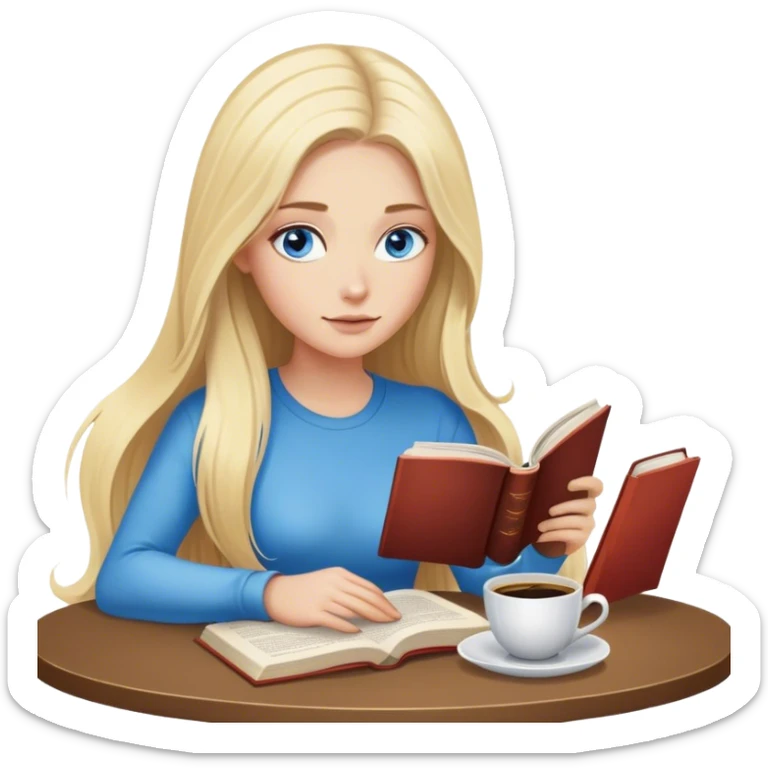 Cinematic realistic blonde with long hair and blue eyes, sitting reading a book, coffee is on the table next to her sticker