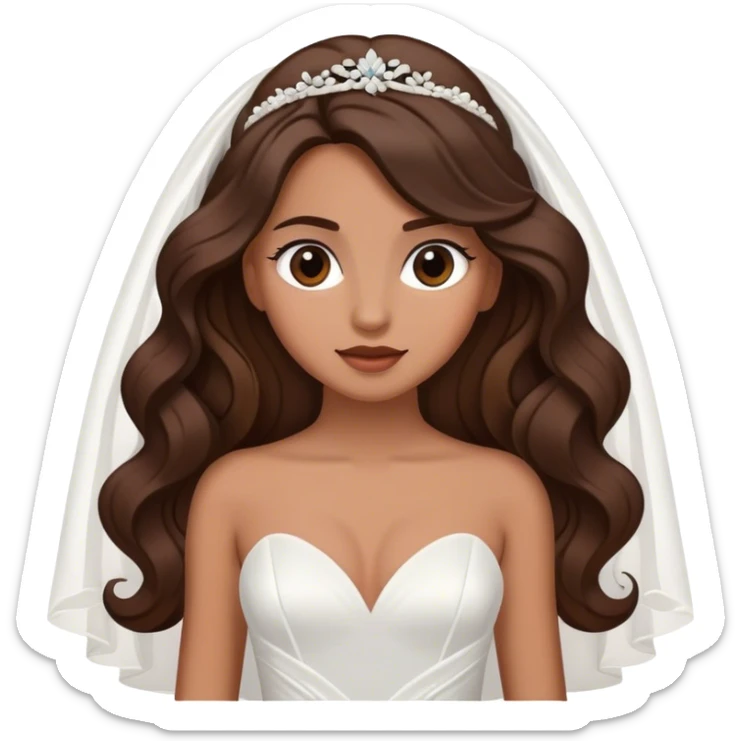 Tan, Dark Brown haired girl, long Hollywood wave hair, in white wedding dress sticker